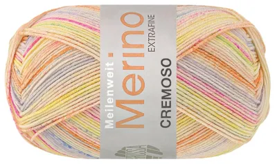 Produktbild von Lana Grossa - Meilenweit 100g Merino Extrafine Cremoso 4127 orange blassorange graublau grauviolett pink zitrusgelb blassgelb graugrün