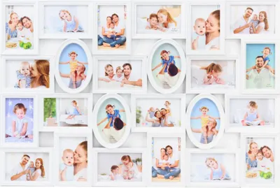 Produktbild von XL Fotocollage Bilderrahmen für 24 Fotos 10 x 15 cm in Hoch- und Querformat Wandrahmen mit 3D Look Kunststoff weiß mit Abdeckscheiben einfache Bestückung 86,5 x 58 x 2,4 cm