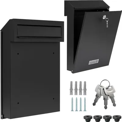 A black mailbox is shown from two angles, with its accessories laid out below.
