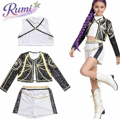 Produktbild von Kleid für Mädchen 130 cm – schwarzes weisses Glitzer-Outfit – 3-teiliges Set – Karneval-Kostüm