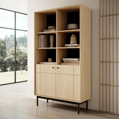 Produktbild von Regal Sora 185 cm in Eiche Linea mit schwarzen Metallfüßen