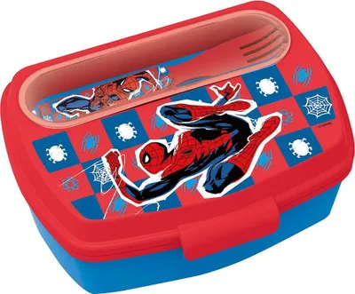Produktbild von Tataway Marvel Sandwichbox Rot für Kinder aus Kunststoff Spiderman Spiderman mit Löffel und Gabel