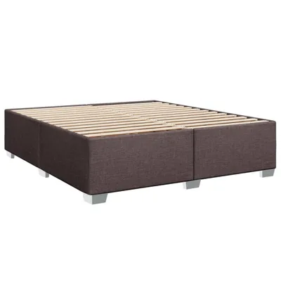 A dark brown fabric bed frame with a wooden slat support system, shown against a white background.
