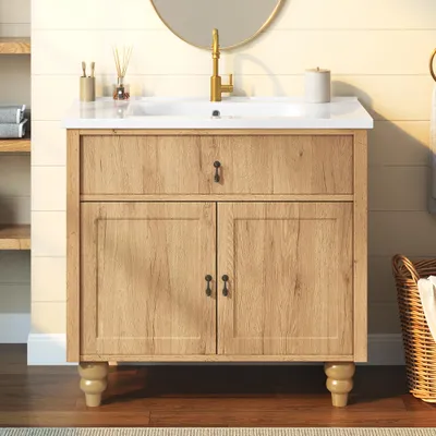 Image de Meuble sous-vasque Merax, 81 cm, armoire de salle de bain avec vasque en céramique, compartiment basculant, étagères derrière la porte, système de fermeture douce, pieds en bois massif, bois naturel