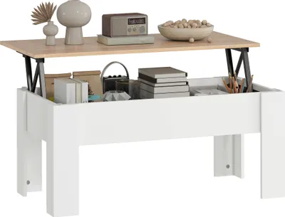 Image de HOMCOM Table basse relevable, table de salon avec compartiment caché, style moderne, pour salon, bureau, 100 x 50 x 45 cm, blanc