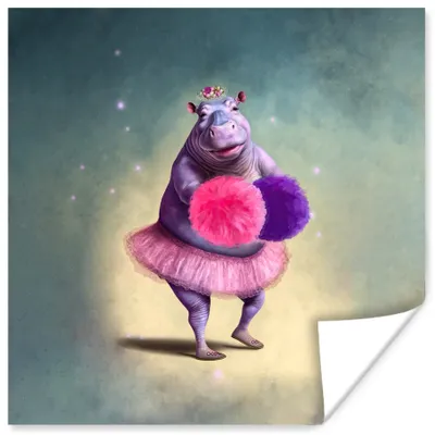 Produktbild von MuchoWow® Poster Nilpferd - Blumen - Ballerina - Pompons - Porträt 100x100 cm - Babyzimmer