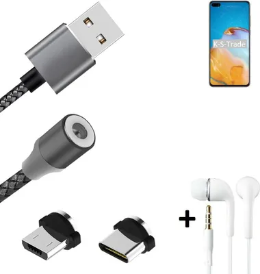 Produktbild von K-S-Trade® Hochwertiges Magnet-Lade-kabel Sync-Kabel Daten-Kabel + Kopfhörer kompatibel mit Huawei P40 mit USB-Typ-C-Anschluss und