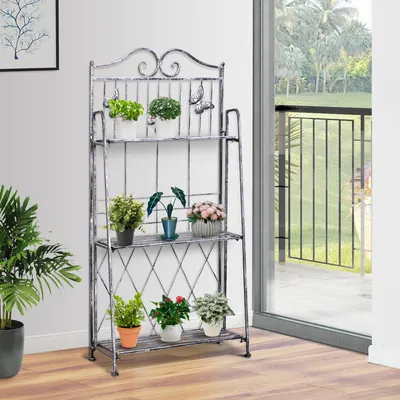 Produktbild von SUGIFT Blumentreppe 3 Ebenen klappbar Metall, Blumenständer Pflanzentreppe Balkon Außenbereich, Silbergrau | 44 x 25 x 96 cm | 10 kg je Fach | Antik-Design
