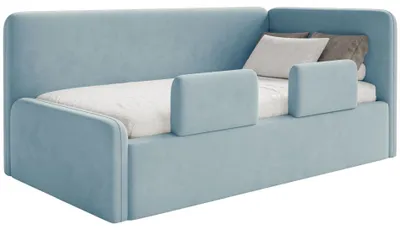 Produktbild von Selsey Fanko – Kinderbett 90x200 cm mit Rausfallschutz, Matratze, Kopfteil rechts, Samt,Hellblau