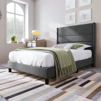 Obrázok produktu pre Postel s čalúneným čelom a bočnicami, rozmery 90x200 cm, s roštom, poťah z ľanu, farba: sivá. Moderná a nadčasová posteľ vhodná do spálne