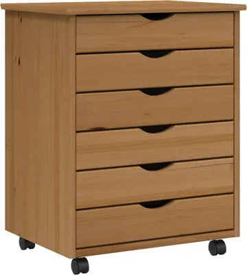 A wooden chest of drawers with six drawers, set on casters.