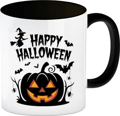 Produktbild von Gruseliger Kürbis mit Hexe - Happy Halloween Kaffeebecher in schwarz