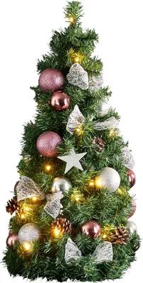 Produktbild von EGLO Künstlicher Weihnachtsbaum 65 cm für innen, mit LED-Beleuchtung und Weihnachtskugeln in Rosa und Silber, Timer, warmweiß, batteriebetrieben