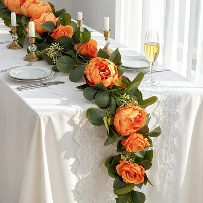 Produktbild von Künstliche Eukalyptus Girlande mit Rosen und Pfingstrosen 1,8M Orange 1 Stück