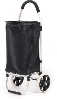 A black shopping trolley with a silver frame and black handle and wheels, shown against a white background.