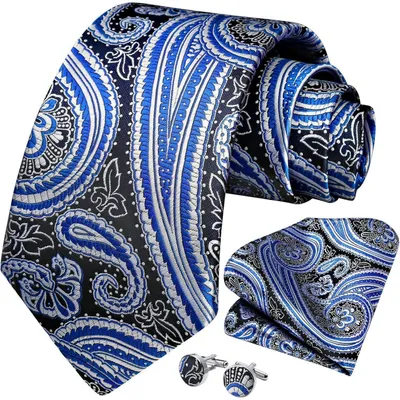 Produktbild von Herren Krawatten-Set Paisley mit Einstecktuch und Manschettenknöpfen Blau