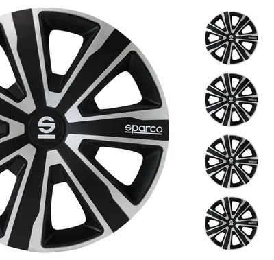 Productafbeelding van 15-inch zwarte en zilveren wielkappen, wieldeksels, wielomslagen, model SPC1581SVBK, merk SPARCO