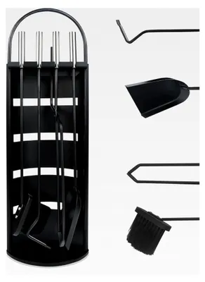 Produktbild von Kaminbesteck 5-teilig Schwarz Kamingarnitur mit Besen, Ascheschaufel, Schürhaken, Zange und Ständer