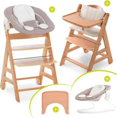 A collage of different configurations and accessories for a wooden high chair.
