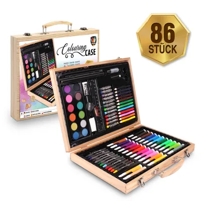 Produktbild von Grafix Kinder Malkoffer mit 86 Teilen | Kreativitätsbox für Kinder | Malset im praktischen Holz Koffer | Farben | Zeichnen | Basteln | Grafix