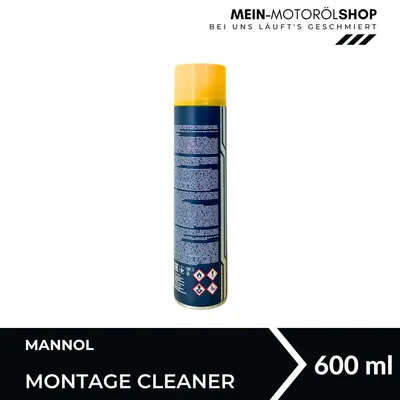 A product shot of a can of Mannol Montage Cleaner on a white background with text at the top and bottom.