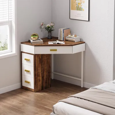 Produktbild von Tribesigns Eckschreibtisch mit 4 Schubladen, Computertisch Ecke, Kleiner Schreibtisch aus Holz mit Stauraum,Arbeitszimmer, Schminktisch, Weiß/Braun