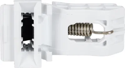 A white plastic dryer door lock mechanism with a metal spring.