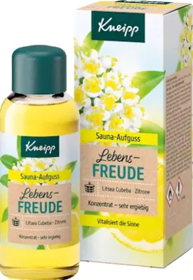 A bottle of Kneipp Sauna Aufguss Lebensfreude and its packaging are shown.