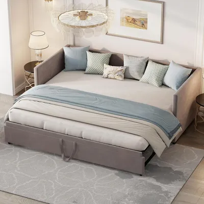 Image de Canapé-lit 200 cm, extensible, avec sommier à lattes, revêtement en velours gris, convertible en lit double de 90/180x200 cm