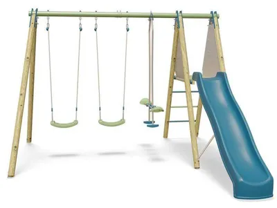 Produktbild von Spielturm aus Holz/Metall OPTIMA 2 ALEO BY TRIGANO, 2,30 m hoch, mit 3 Schaukeln und Rutsche 2,22 m
