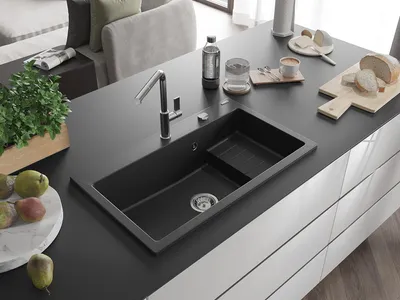 Produktbild von Mexen Omar Granitspüle 1-Becken 800 x 480 mm, schwarz, Siphon Chrom - 6520801005-77