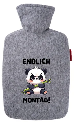 Produktbild von Huuraa Wärmflasche Endlich Montag grimmiger Panda 1,8 Liter Filz Classic Filzbezug Bettflasche Geschenkidee