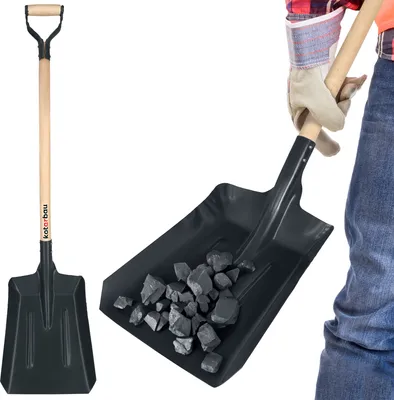 A collage showing a shovel and a person holding a shovel with coal.