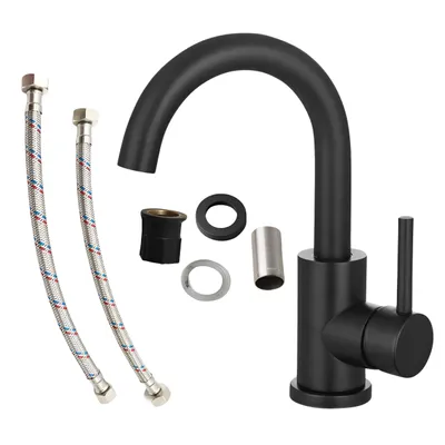 A black faucet and its accessories are laid out on a white background.