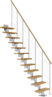 Produktbild von Pertura Mittelholmtreppe Spiros Eiche Leimholz Perlgrau Gerade 65 cm 11 Stufen / 12 Steigungen Relinggeländer Grau (RAL