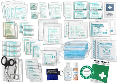 Produktbild von Komplett-Set Erste-Hilfe nach aktueller DIN/EN 13 169 PLUS 4 für Betriebe inkl. Sprühpflaster, Hygiene-Gel & Notfallbeatmungshilfe
