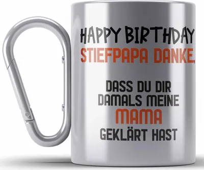 Produktbild von Trendation - Edelstahl Tasse Karabiner Stiefvater Geschenk Geburtstag - Stiefpapa Geburtstagsgeschenk Edelstahl Tasse Karabiner Spruch - Bester Stiefvater Geschenkideen (Silber)