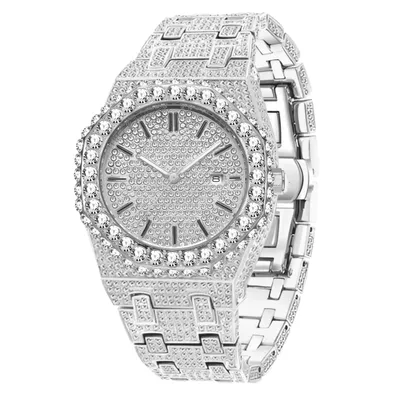 Produktbild von S&T DESIGN Iced Out Herrenuhr – Achteckige Quarzuhr aus Edelstahl mit Zirkonia, Goldoptik, 3 Bar wasserdicht, inkl. Armbandkürzer & Box