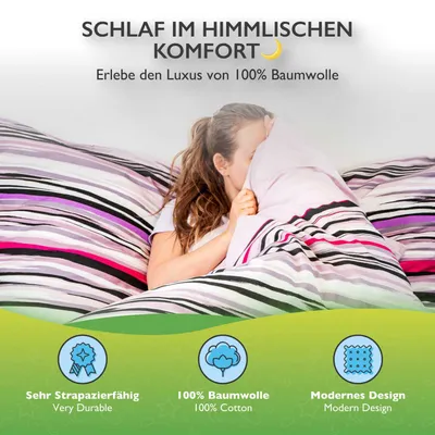 A young woman is tucked into a bed with striped bedding, covering her face with a pillow. The image is framed by a green gradient at the bottom, featuring icons and text highlighting product features.