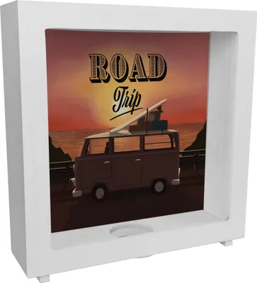 Produktbild von Rahmen Spardose aus Holz für einen Road Trip mit Retro Campingbus und