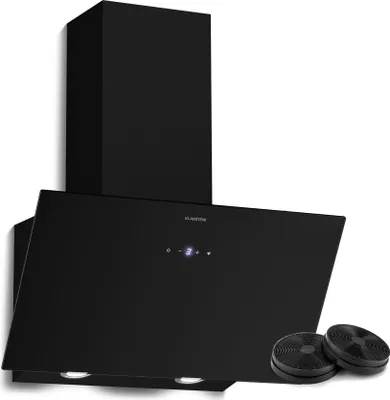 Image de Klarstein Laurel Hotte Aspirante 60 cm - Hotte Décorative Inclinée, 417 m³/h, A+++, LED, 3 Vitesses & Boost, Filtre Charbon, Tactile, Recyclage ou Évacuation, Hotte Cuisine Verre Noir