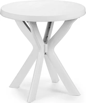 A white plastic garden table with a round top and an X-shaped base.