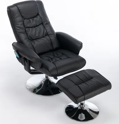 Image de AIORBER Fauteuil de massage,avec repose-pieds,rotation 360°,inclinaison 135°,massage&chauffage,rembourrage PU&base chromée,salon,bureau,79x79x106cm,noir