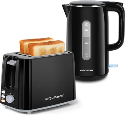 A black toaster with two slices of bread and a black electric kettle.