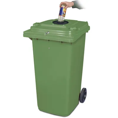 Produktbild von 240 Liter Müllbehälter inkl. Flascheneinwurf m. Gummirosette, BxTxH 580 x 730 x 1075 mm, grün