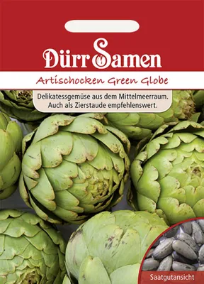 A seed packet for Artichokes Green Globe, featuring images of artichokes and seeds.