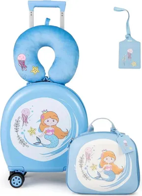 Image de Set de valises pour enfants - Valise + sac à dos - 4 pièces - Coque rigide en ABS - 25 cm + 36 cm - Trolley à roulettes - Bleu
