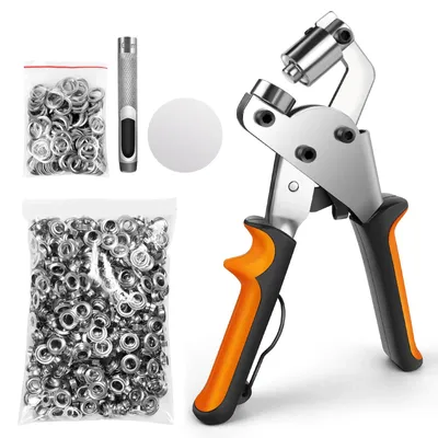Produktbild von Ösenstanzer-Set - Lochzange für Leder und Stoff - 10 mm - Metall - 500 Ösen mit Unterlegscheiben - Orange