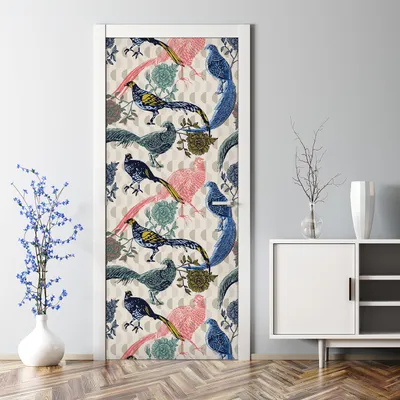 Produktbild von Dekorative Türposter selbstklebend Klebefolie Wandaufkleber Türaufkleber Vögel blau rosa 77 x 200 cm