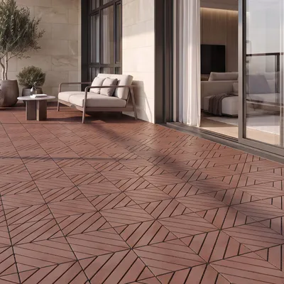 Produktbild von 44 Stück Terrassenfliesen aus Kunststoff 30x30x2 cm, ca. 4 m², Klickfliesen in diagonaler Lamellenoptik, wetterfest & rutschfest, Braun